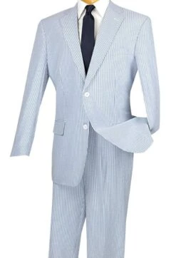 Regular Fit Summer 2 Piece Suit Striped Seersucker In Navy