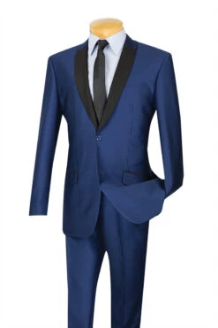Slim Fit Shiny Sharkskin Men's 2 Piece Suit In Navy