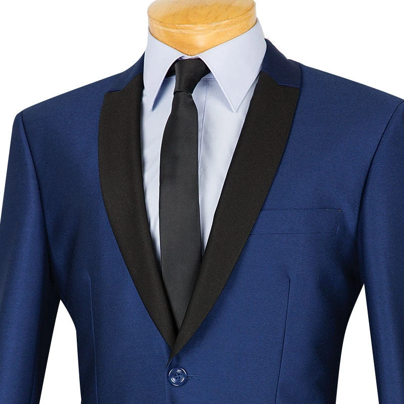 Slim Fit Shiny Sharkskin Men's 2 Piece Suit In Navy 4 Slim Fit Shiny Sharkskin Men's 2 Piece Suit In Navy - Image 2