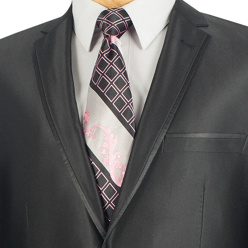 Slim Fit Men's Suit 2 Piece 2 Buttons Shiny Sharkskin In Black 4 Slim Fit Men's Suit 2 Piece 2 Buttons Shiny Sharkskin In Black - Image 2