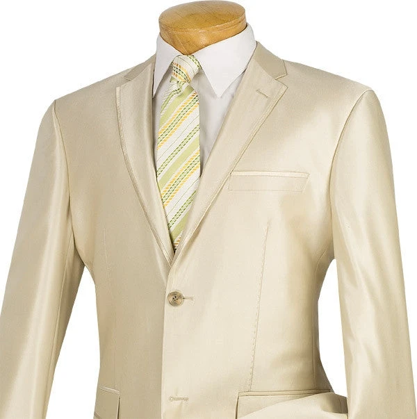 Slim Fit Men's Suit 2 Piece 2 Buttons Shiny Sharkskin In Champagne Beige 4 Slim Fit Men's Suit 2 Piece 2 Buttons Shiny Sharkskin In Champagne Beige - Image 2