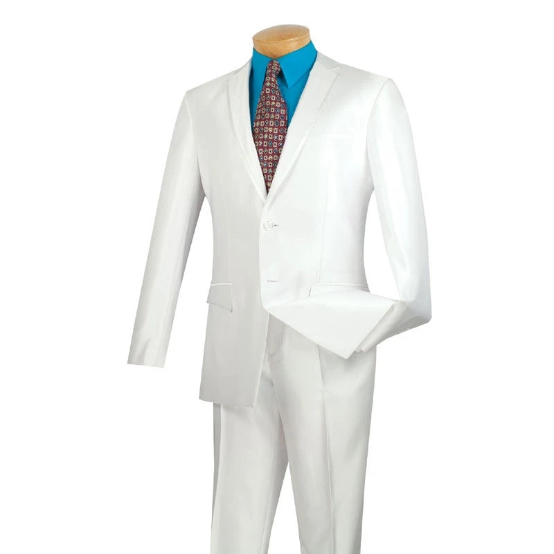 Slim Fit Men's Suit 2 Piece 2 Buttons Shiny Sharkskin In White 3 Slim Fit Men's Suit 2 Piece 2 Buttons Shiny Sharkskin In White