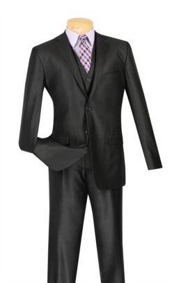 Slim Fit Textured Suit 3 Piece 2 Buttons In Black