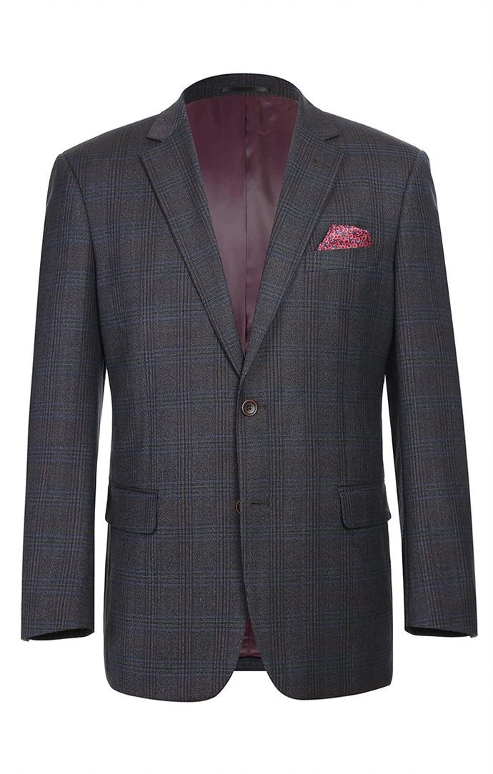 (42R) Wool Blend Plaid Pattern Regular Fit 2 Button Blazer In Burgundy 3 (42R) Wool Blend Plaid Pattern Regular Fit 2 Button Blazer In Burgundy