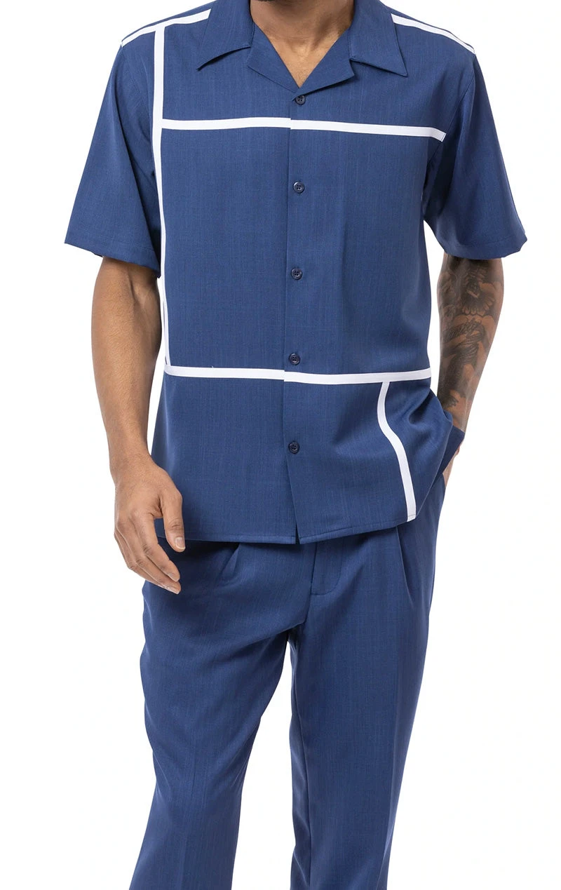 (XL) Navy 2 Piece Short Sleeve Men's Summer Walking Suit Minimalist Straight Lines Design 3 (XL) Navy 2 Piece Short Sleeve Men's Summer Walking Suit Minimalist Straight Lines Design