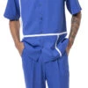 Royal Blue 2 Piece Short Sleeve Men's Summer Walking Suit Minimalist Straight Lines Design