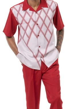 (XL/40) Cranberry 2 Piece Short Sleeve Men's Summer Walking Suit Criss Cross