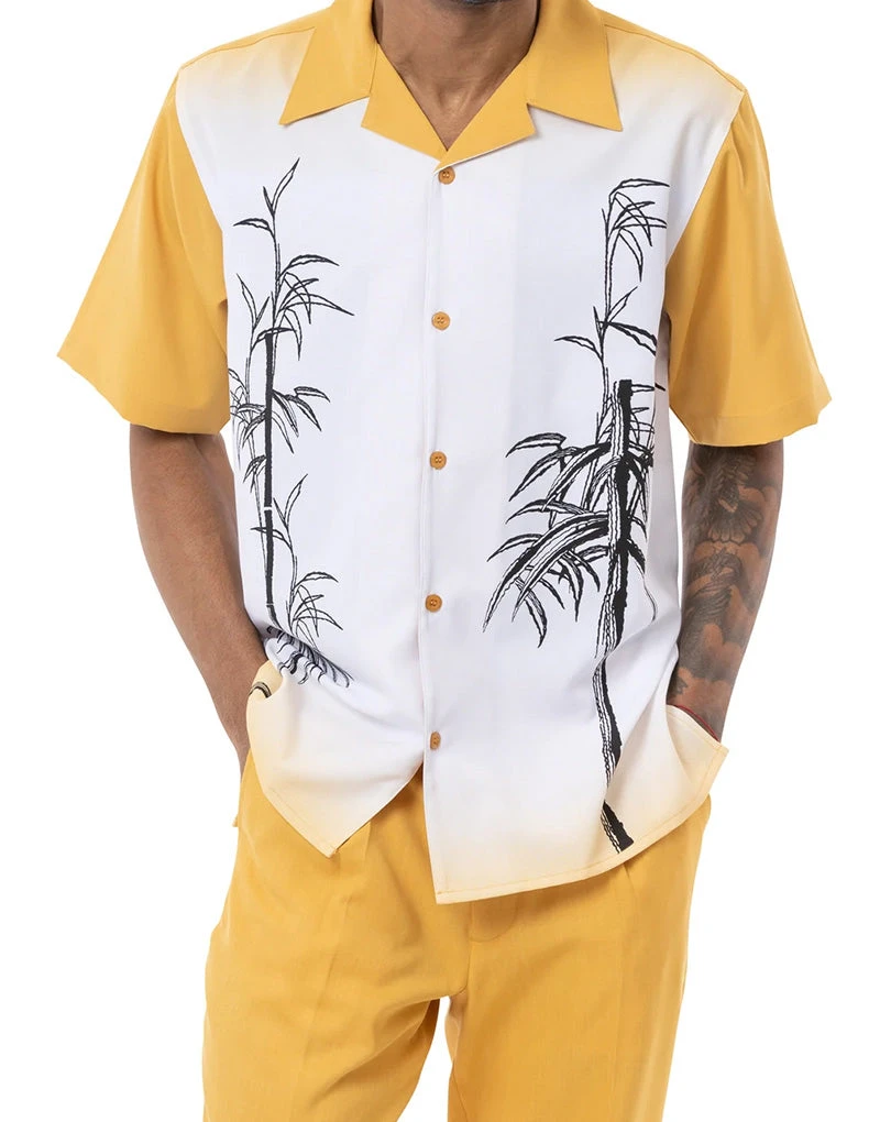 Gold Tropical Print 2 Piece Short Sleeve Walking Suit Set 3 Gold Tropical Print 2 Piece Short Sleeve Walking Suit Set