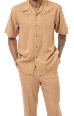 Tan 2 Piece Short Sleeve Men's Summer Walking Suit Tone On Tone Windowpane