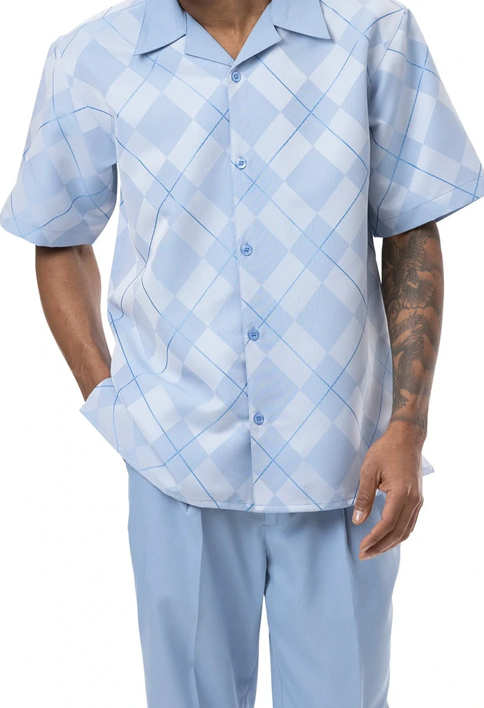 Carolina Blue 2 Piece Short Sleeve Men's Summer Walking Suit Argyle Pattern 3 Carolina Blue 2 Piece Short Sleeve Men's Summer Walking Suit Argyle Pattern