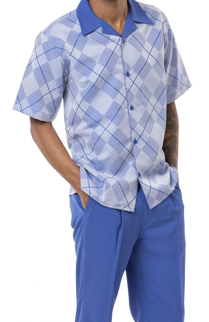 (XL, 4XL) Royal Blue 2 Piece Short Sleeve Men's Summer Walking Suit Argyle Pattern 3 (XL, 4XL) Royal Blue 2 Piece Short Sleeve Men's Summer Walking Suit Argyle Pattern