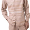 Tan Horizontal Design 2 Piece Long Sleeve Walking Suit Set -Clothing Shop 2285 TAN