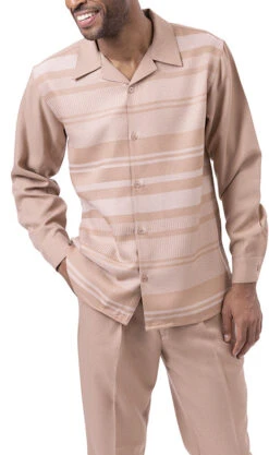 Tan Horizontal Design 2 Piece Long Sleeve Walking Suit Set