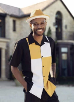 Gold Color Block Walking Suit 2 Piece Short Sleeve Set -Clothing Shop 2301 gold2