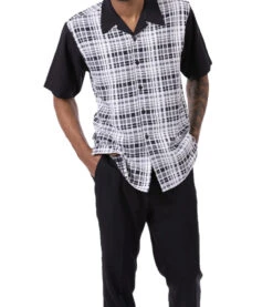 Black Plaid Walking Suit 2 Piece Short Sleeve Set -Clothing Shop 2302Black