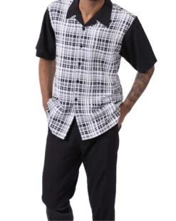Black Plaid Walking Suit 2 Piece Short Sleeve Set -Clothing Shop 2302Black 2
