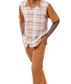 Cognac Plaid Walking Suit 2 Piece Short Sleeve Set -Clothing Shop 2302Cognac 3
