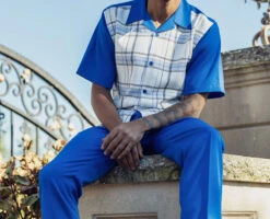 Cobalt Blue Plaid Walking Suit 2 Piece Short Sleeve Set