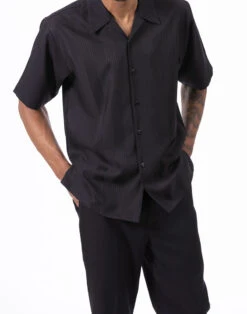 Black Tone On Tone Vertical Stripes Walking Suit 2 Piece Short Sleeve Set -Clothing Shop 2306 BLACK