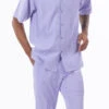Lavender Tone On Tone Vertical Stripes Walking Suit 2 Piece Short Sleeve Set