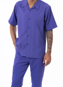 Purple Tone On Tone Vertical Stripes Walking Suit 2 Piece Short Sleeve Set