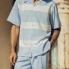 Carolina Blue Horizontal Stripes Design 2 Piece Short Sleeve Walking Suit Set -Clothing Shop 2310 CAROLINA
