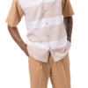 Tan Horizontal Stripes Design 2 Piece Short Sleeve Walking Suit Set -Clothing Shop 2310 TAN