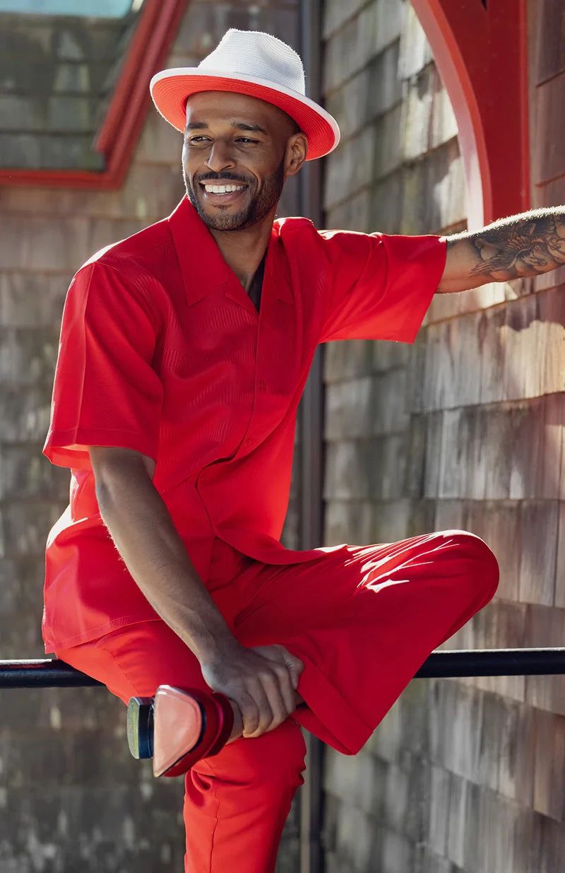 Red Walking Suit Tone On Tone Vertical Stripes 2 Piece Short Sleeve Set 3 Red Walking Suit Tone On Tone Vertical Stripes 2 Piece Short Sleeve Set