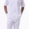 White Walking Suit Tone On Tone Vertical Stripes 2 Piece Short Sleeve Set -Clothing Shop 2311 WHITE
