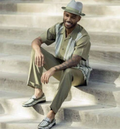 Olive Tone On Tone Stripes Walking Suit 2 Piece Short Sleeve Set