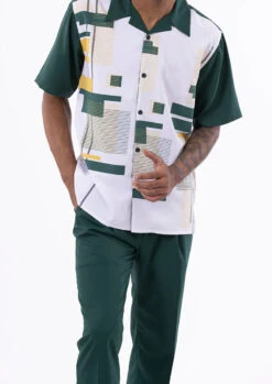 Emerald Green Line Pattern Walking Suit 2 Piece Short Sleeve Set