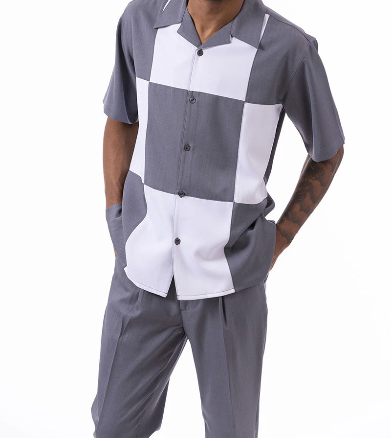 (XL/38) Gray Color Block Walking Suit 2 Piece Short Sleeve Set 3 (XL/38) Gray Color Block Walking Suit 2 Piece Short Sleeve Set