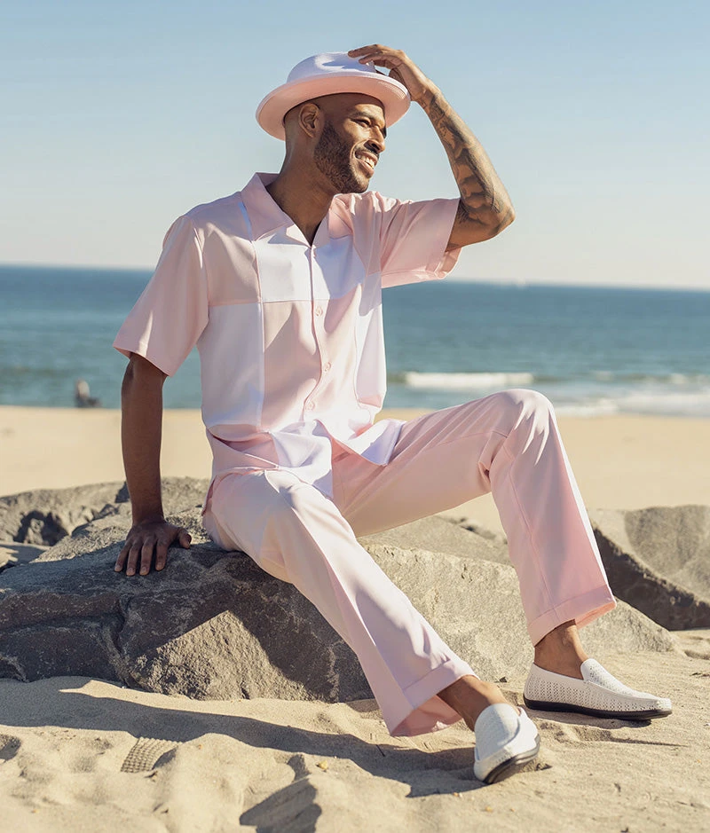 Pink Color Block Walking Suit 2 Piece Short Sleeve Set 3 Pink Color Block Walking Suit 2 Piece Short Sleeve Set