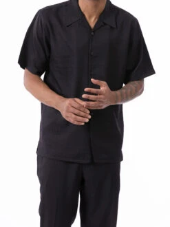 Black Weave Pattern Walking Suit 2 Piece Short Sleeve Set