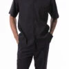 Black Tone On Tone Striped Walking Suit 2 Piece Short Sleeve Set -Clothing Shop 2319 BLACK