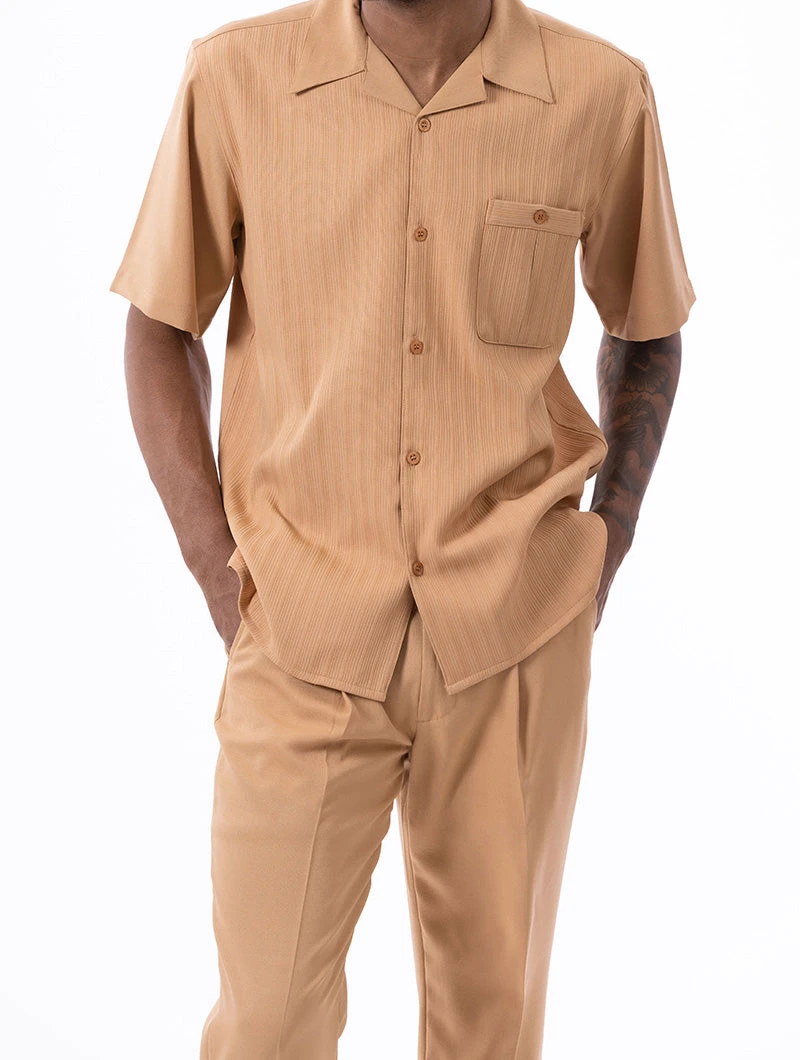 Tan Tone On Tone Striped Walking Suit 2 Piece Short Sleeve Set 3 Tan Tone On Tone Striped Walking Suit 2 Piece Short Sleeve Set