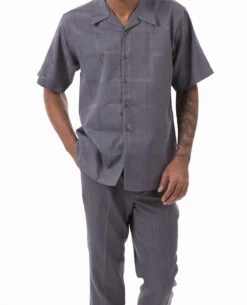 Gray Tone On Tone Windowpane Walking Suit 2 Piece Short Sleeve Set