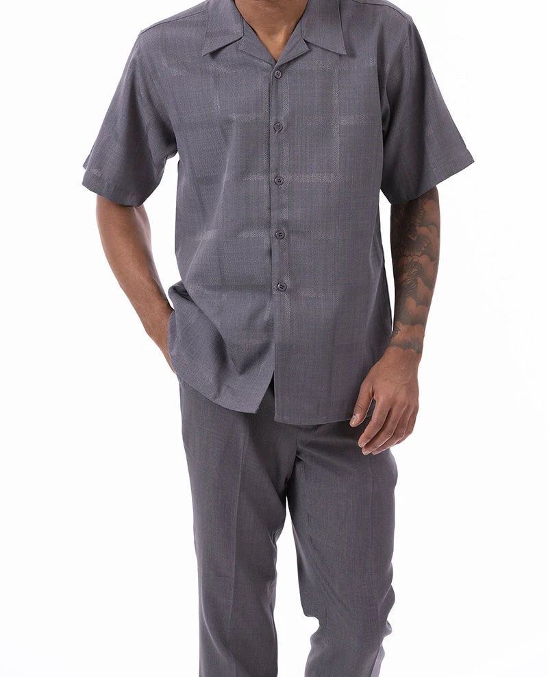 Gray Tone On Tone Windowpane Walking Suit 2 Piece Short Sleeve Set 3 Gray Tone On Tone Windowpane Walking Suit 2 Piece Short Sleeve Set
