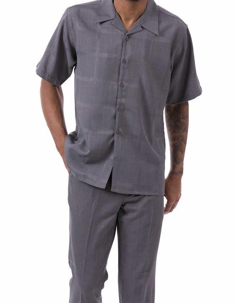 Gray Tone On Tone Windowpane Walking Suit 2 Piece Short Sleeve Set 4 Gray Tone On Tone Windowpane Walking Suit 2 Piece Short Sleeve Set - Image 2