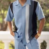 Carolina Blue Vertical Stripe Design Walking Suit 2 Piece Short Sleeve Set -Clothing Shop 2322 CAROLINA