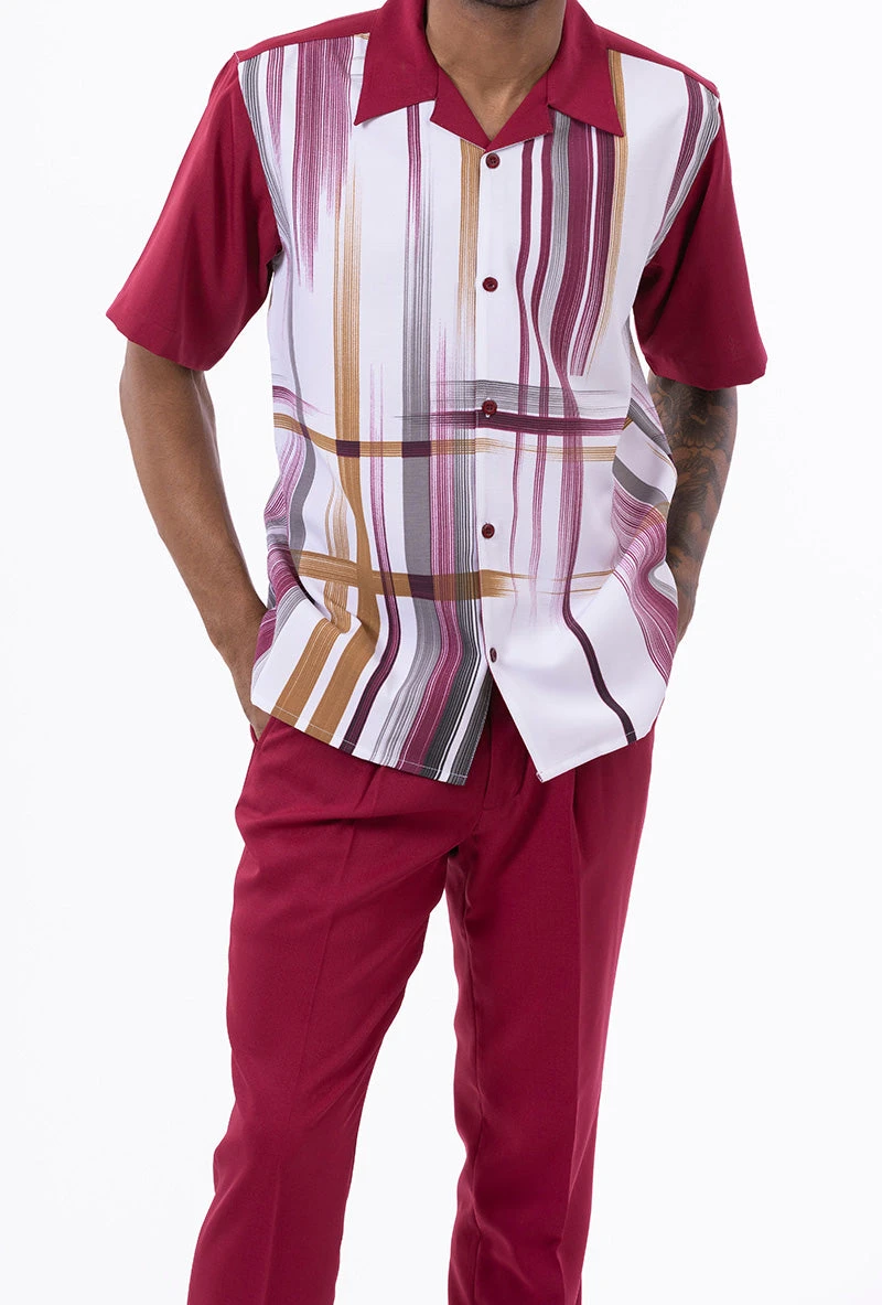Burgundy Gradient Color Stripe Design Walking Suit 2 Piece Short Sleeve Set 3 Burgundy Gradient Color Stripe Design Walking Suit 2 Piece Short Sleeve Set