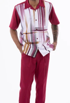 Burgundy Gradient Color Stripe Design Walking Suit 2 Piece Short Sleeve Set 5 Burgundy Gradient Color Stripe Design Walking Suit 2 Piece Short Sleeve Set -Clothing Shop 2324 BURGUNDY2