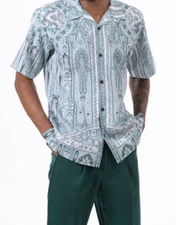 Emerald Floral Pattern Walking Suit 2 Piece Short Sleeve Set