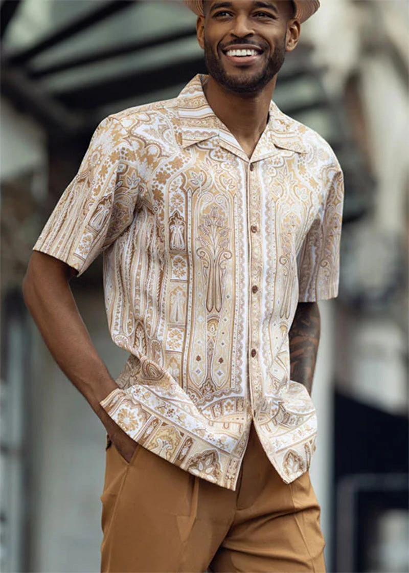 Cognac Floral Pattern Walking Suit 2 Piece Short Sleeve Set 3 Cognac Floral Pattern Walking Suit 2 Piece Short Sleeve Set