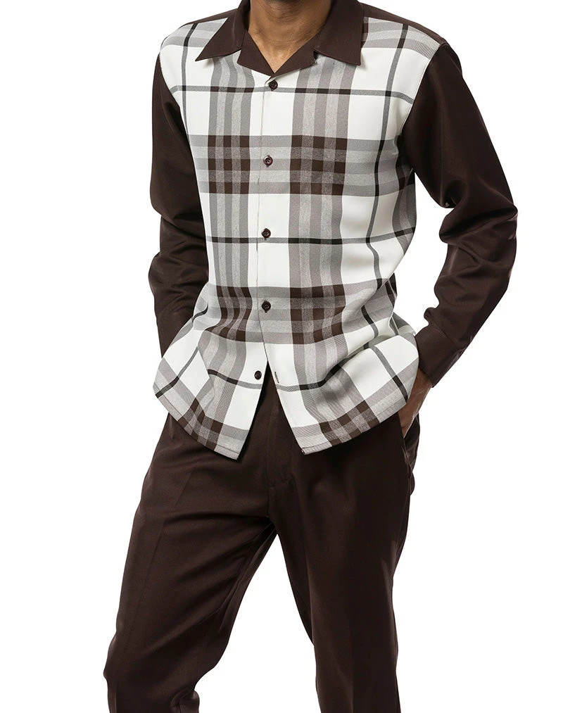Brown Plaid 2 Piece Long Sleeve Walking Suit Set 3 Brown Plaid 2 Piece Long Sleeve Walking Suit Set