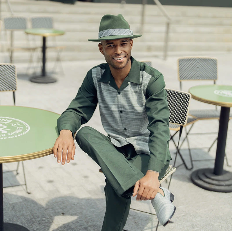 Hunter Green Weave Printed 2 Piece Long Sleeve Walking Suit Set 3 Hunter Green Weave Printed 2 Piece Long Sleeve Walking Suit Set