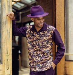 Blackberry Feather And Paisley Front Design 2 Piece Long Sleeve Walking Suit Set