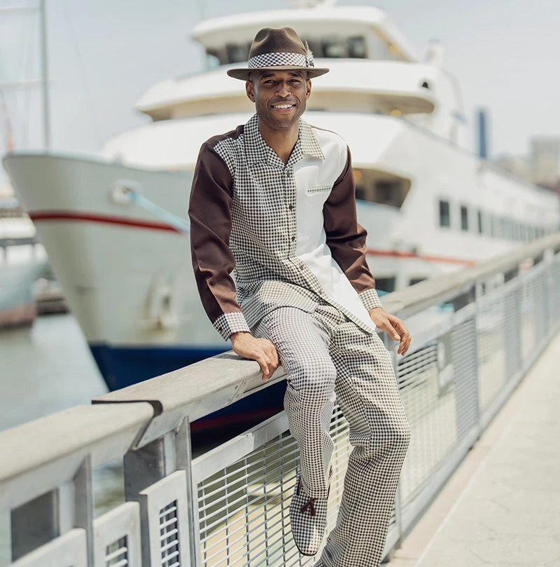 Brown Checkered 2 Piece Long Sleeve Walking Suit Set 3 Brown Checkered 2 Piece Long Sleeve Walking Suit Set