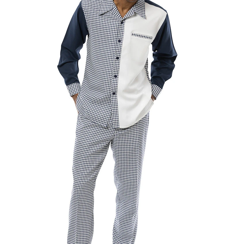 Navy Checkered 2 Piece Long Sleeve Walking Suit Set 3 Navy Checkered 2 Piece Long Sleeve Walking Suit Set