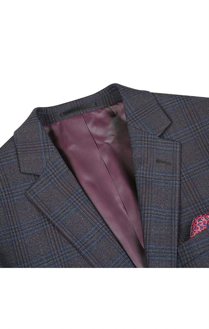 (42R) Wool Blend Plaid Pattern Regular Fit 2 Button Blazer In Burgundy 4 (42R) Wool Blend Plaid Pattern Regular Fit 2 Button Blazer In Burgundy - Image 2